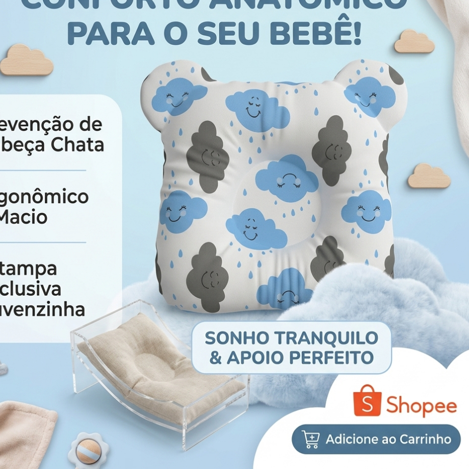 Travesseiro Almofada Anatômico Modelador Bebê Tecido Estampado 100% Algodão Macio