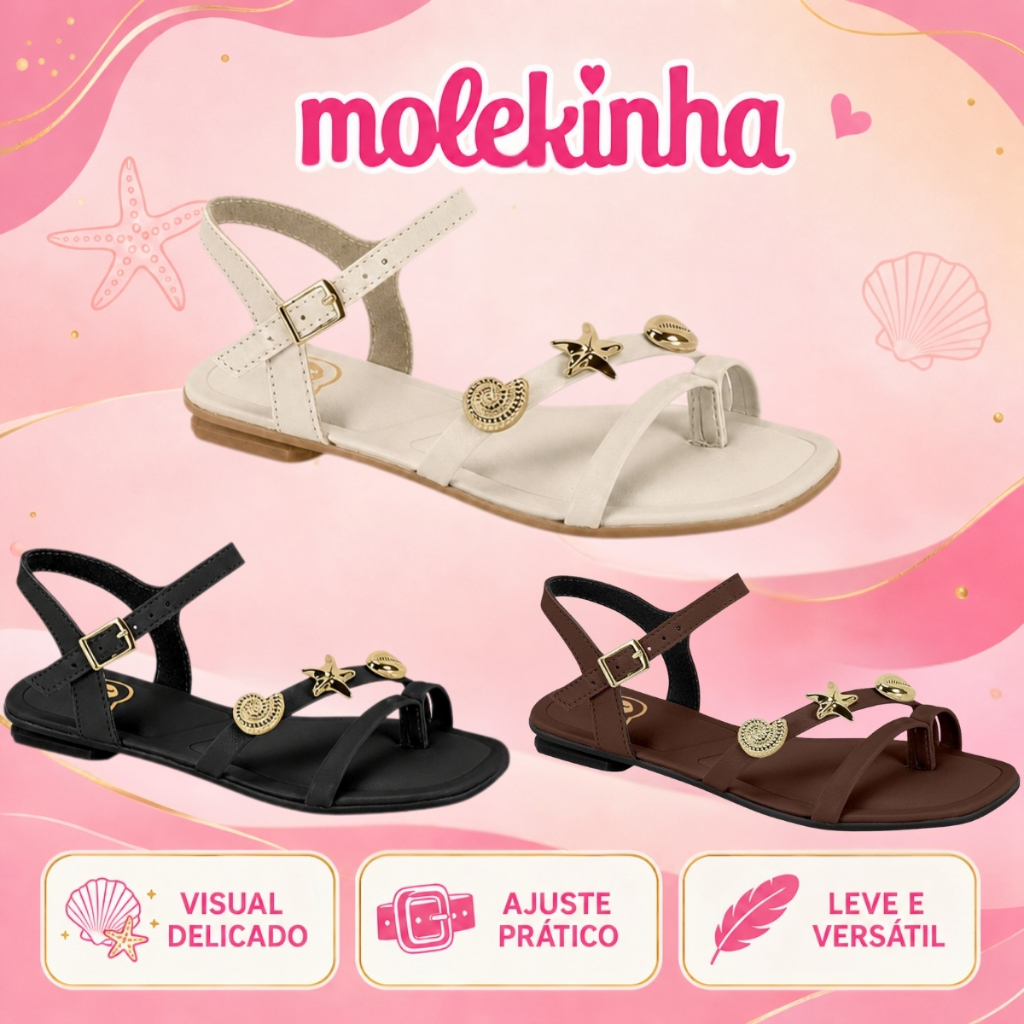 Sandália Infantil Molekinha Menina Rasteira Com Fivela Delicada Confortável Passeio Dia Dia Festas