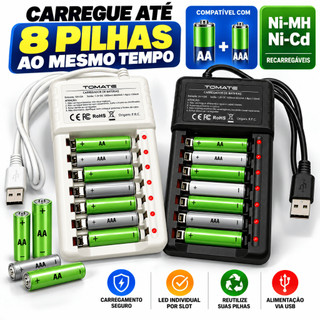 Carregador de Pilhas Inteligente AA AAA Recarregáveis Ni-MH Ni-Cd 1 a 8 Pilhas USB com LED