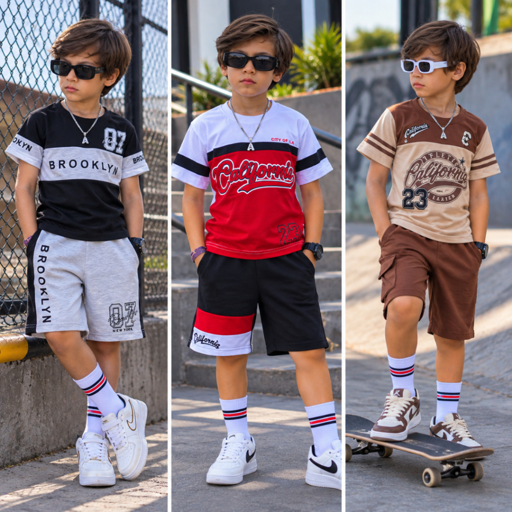 Conjunto Infantil Masculino Blusa de Malha + Bermuda de Moletinho Look Ideal Para Verão