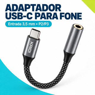 Adaptador USB-C Tipo C para Fone de Ouvido P2 P3 3,5mm com DAC Cabo Trançado Kaidi KD-163