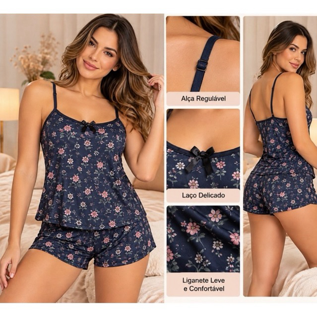 Short Doll Feminino Liganete Premium Estampado  Baby Doll Alça Regulável Pijama Fresco, Macio e Cós Confortável