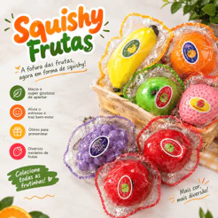 Squishy Frutinhas Fidget – Morango, Uva, Maçã e Banana | Brinquedo Sensorial Macio para Alívio do Estresse