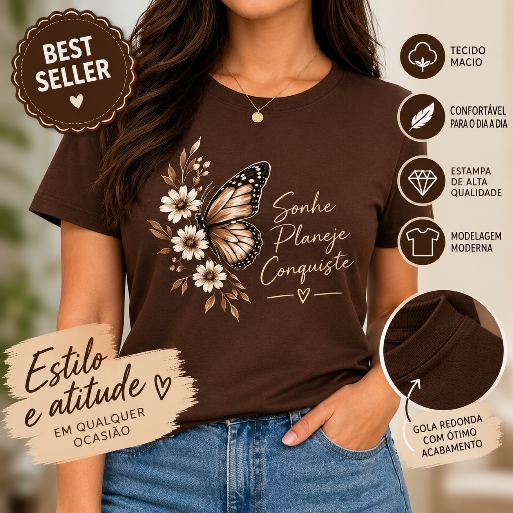 Camiseta Feminina Estampada Borboleta Floral Frase Sonhe Planeje Conquiste Blusa Casual Confortável Moda Feminina Marrom
