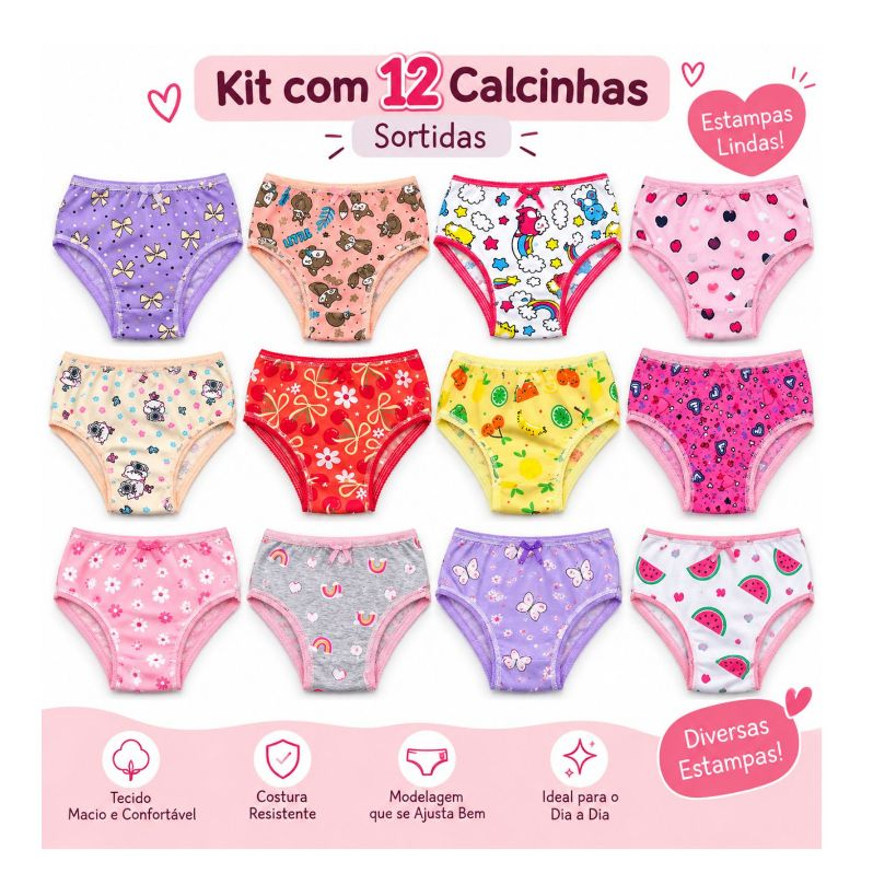 Kit 12 Calcinha Infantil 100% Algodão Tanga Feminina Estampada Sortidas 2 a 10 Anos