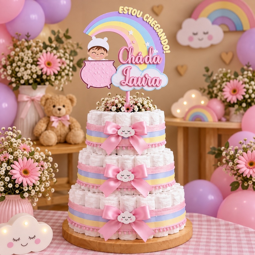 Topo de Bolo Chá de Bebê Menina Arco-Íris Personalizado com Nome 3D