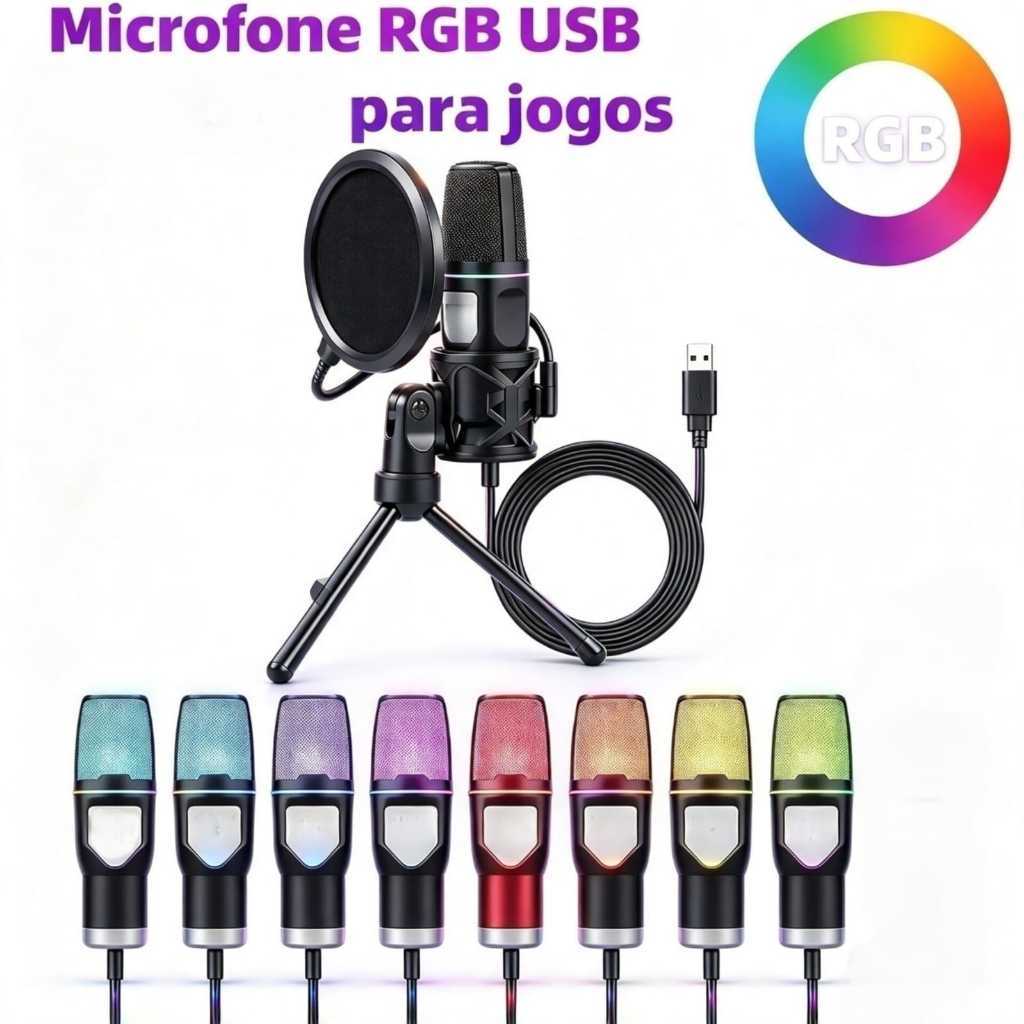 Microfone Condensador USB Tomate MT-021 RGB com Tripé e Pop Filter para Live Podcast Gravação PC