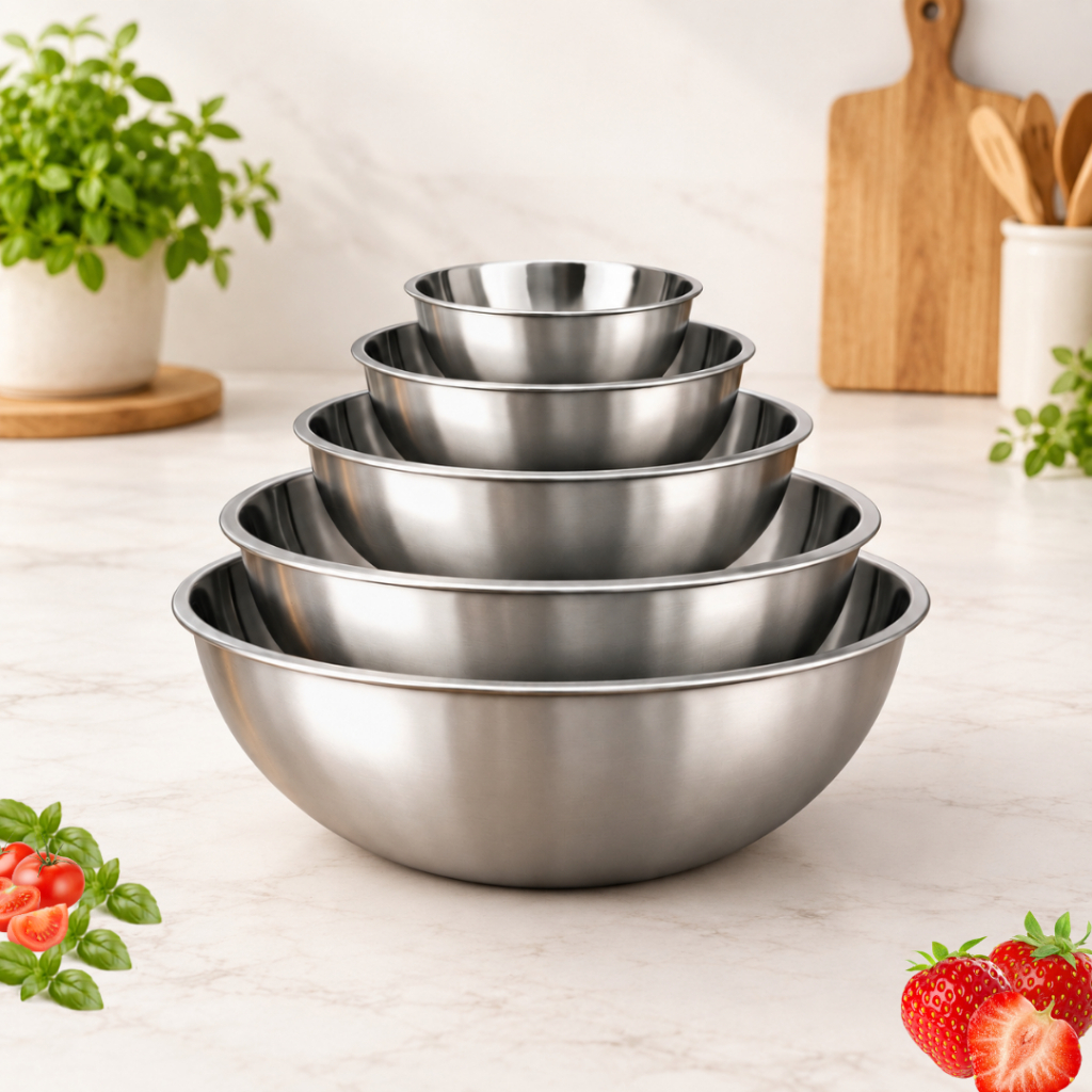 Jogo De 5 Tigelas Bowl Inox Multiuso Com Medição Empilhável 14cm 16cm 20cm 22cm 24cm Cozinha