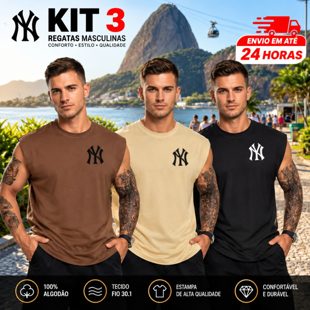 Kit 3 Regatas Machão Oversized New York Treino Academia