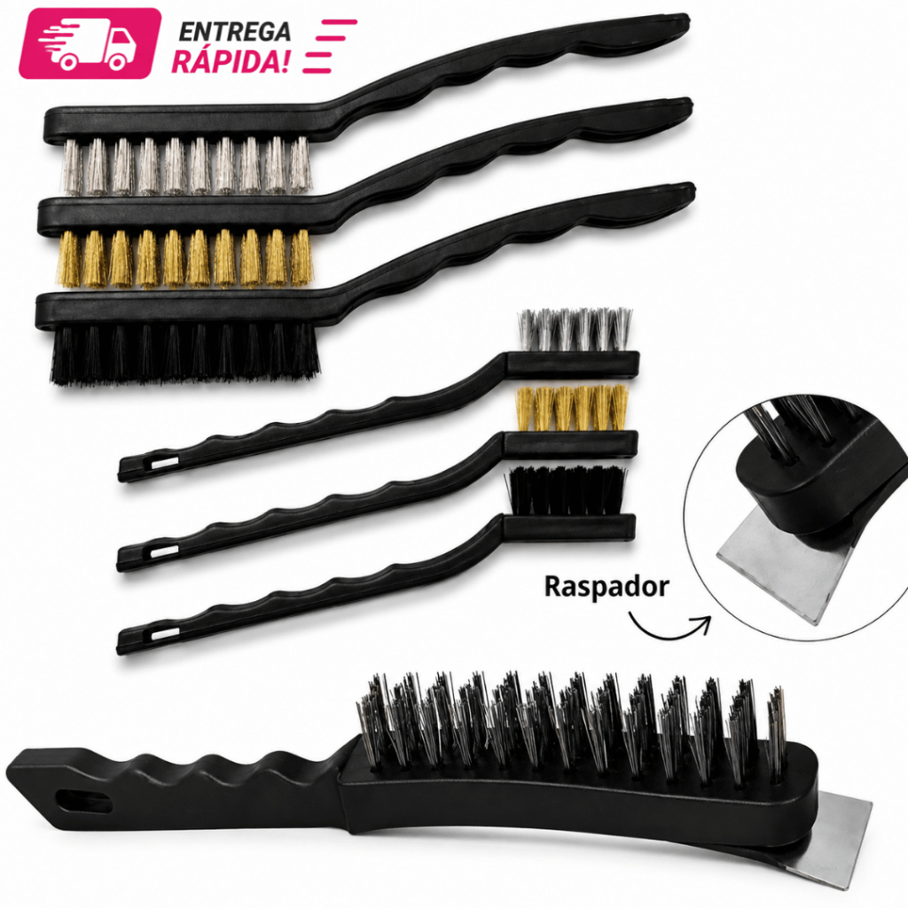 OFERTA Conjunto Escovas De Aço Cabo Longo Multifuncional 21.5cm + 17cm Multiuso Utensilio + Raspador Grelha Casa