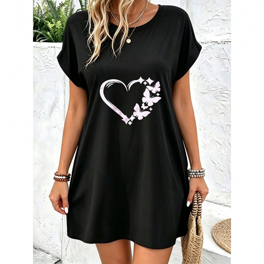 Vestido com estampa de corações e borboletas decote em V manga curta corte solto, ideal para o dia a di — imagem 2 de 2