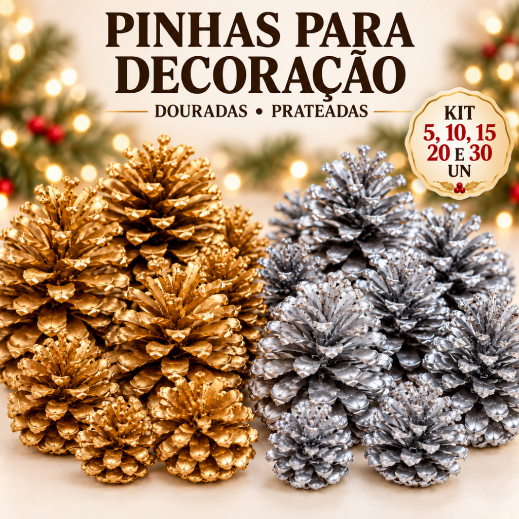 Pinhas Naturais Pintadas Dourada Prata ou Mista Kit 10 ou 20 Unidades Decoração de Natal