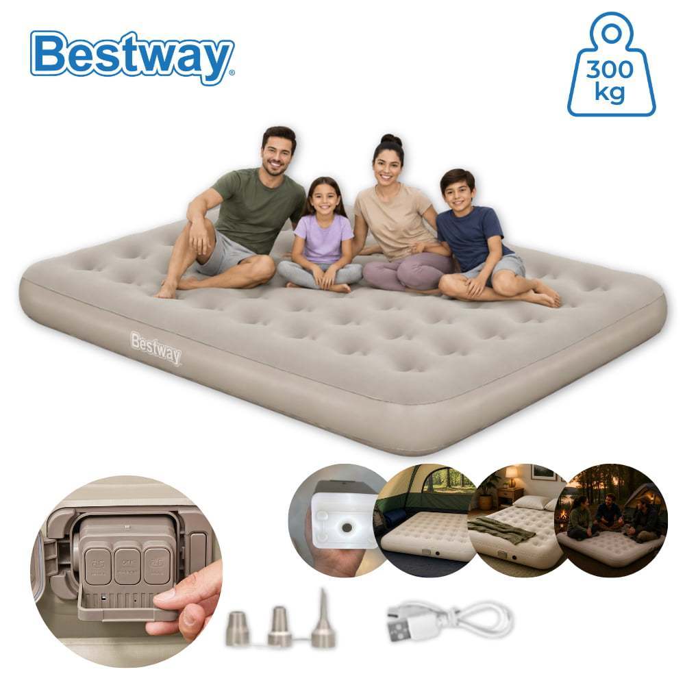 Colchão Inflável Casal Queen Bomba Recarregável Elétrica Lítio USB + Lanterna 3 Níveis Para Camping e Casa Bestway