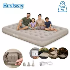 Colchão Inflável Casal Queen Bomba Recarregável Elétrica Lítio USB + Lanterna 3 Níveis Para Camping e Casa Bestway