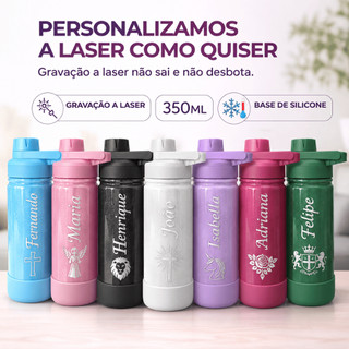 Garrafa Térmica com Silicone 350ml Holografica Personalizada Como quiser Alça Esportiva Protetor