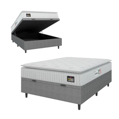 Cama Box Baú Colchão Casal Espuma D33 Vangogh Pillow Top 138x188x70cm Branco / Cinza Hellen