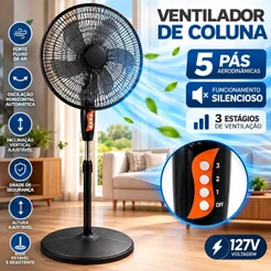 Ventilador de Coluna Pedestal 127V 5 Pás 3 Velocidades Silencioso Oscilante com Altura Regulável