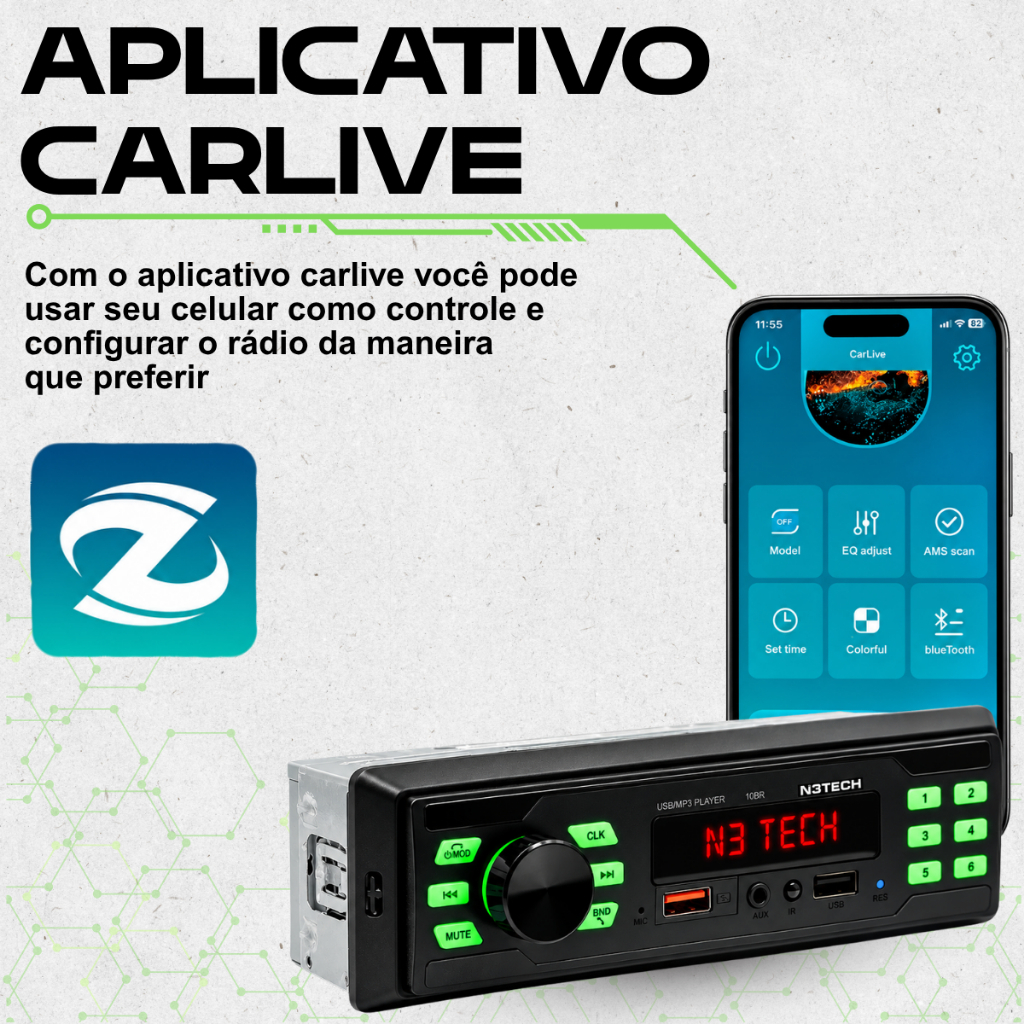 Radio MP3 Player Automotivo Bluetooth N3Tech 10BR USB FM Som Veicular 12V Para Carro 45w Potência — imagem 2 de 2