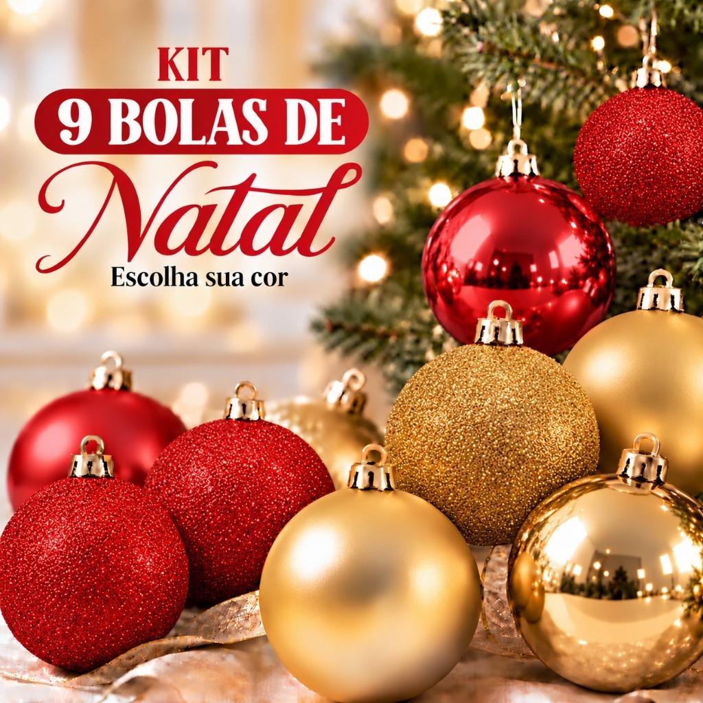 Kit 9 Bolas de Natal Dourada ou Vermelha 6 cm Fosca Glitter e Brilhante Árvore Natal Luxo Casa Primo