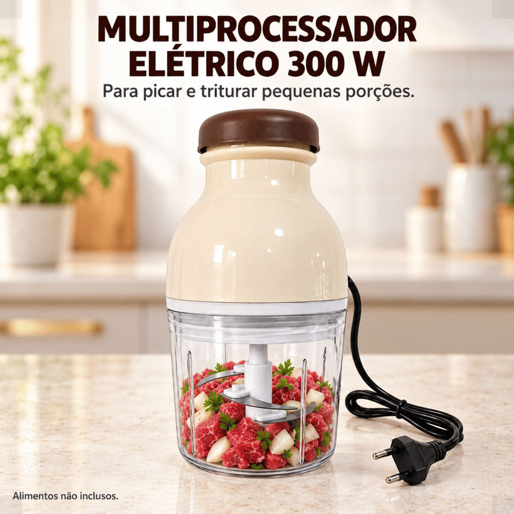 Mini Processador Elétrico 700ml 300W 4 Lâminas Inox Picador Triturador Alimentos 110V