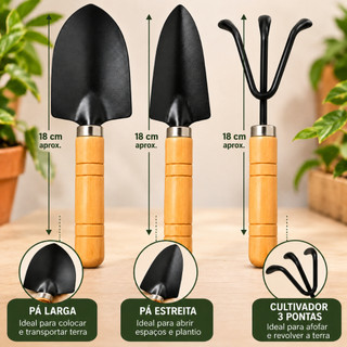 Kit Jardinagem 3 Peças Mini Pá Garfo Cultivador Cabo Madeira Para Vasos  Plantas Hortas Plantio