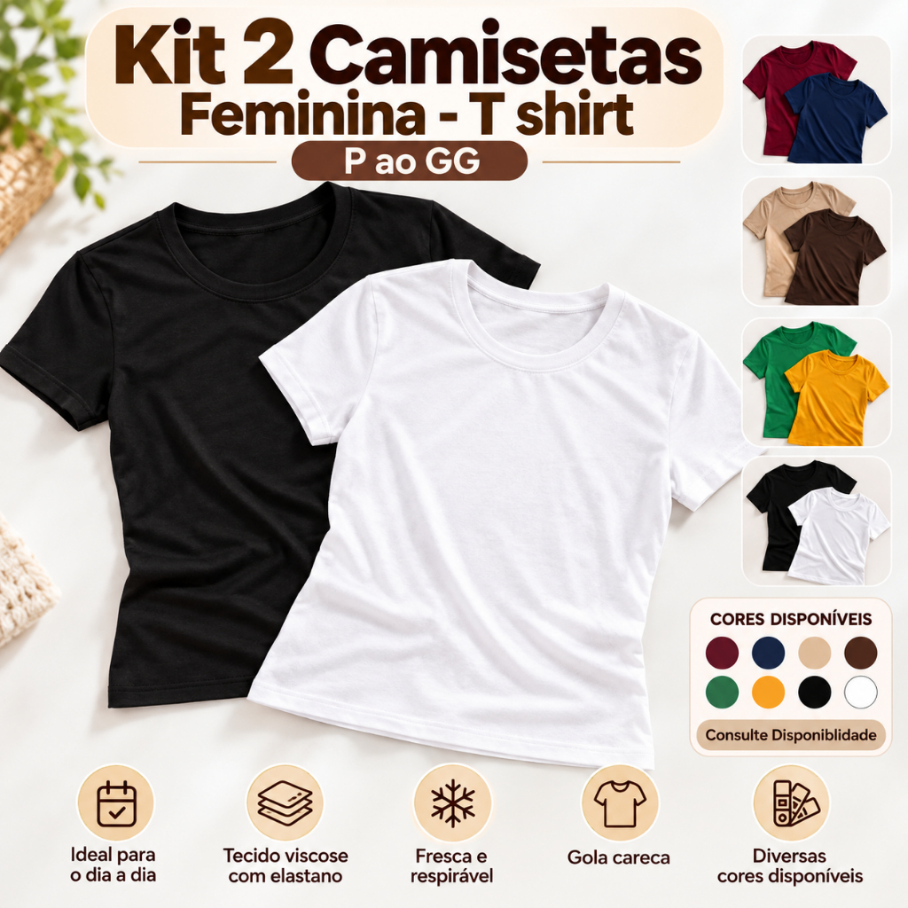 Kit 2 Blusas T Shirt Feminina Camiseta Babylook Basica Viscose Elastano Toque Macio Ajuste Perfeito