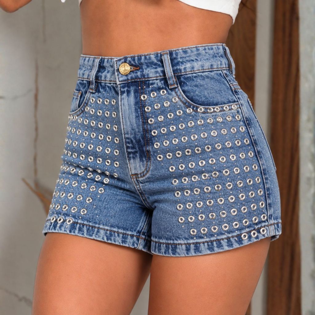 Short Jeans Feminina STRASS e ILHÓS BRILHO Elegante Cintura Alta 100% Algodão Premium Moda Verão