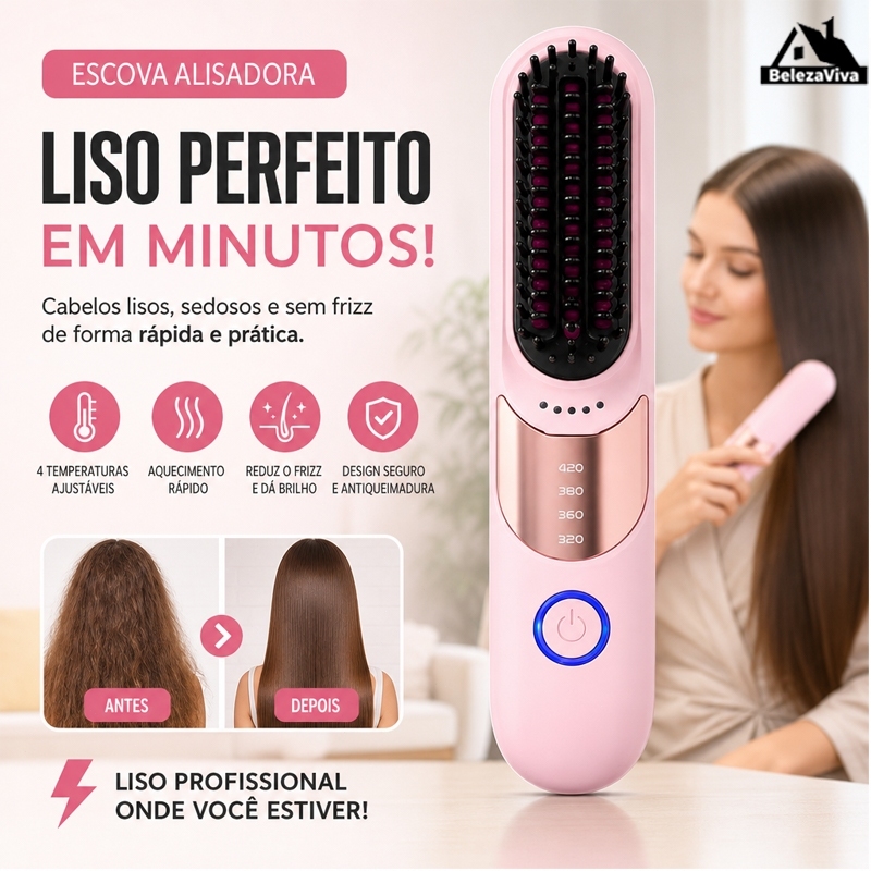 Escova Alisadora De Cabelo Mini Escova Alisadora Íons Negativos De Cabelo Portátil Sem Fio USB ZFS