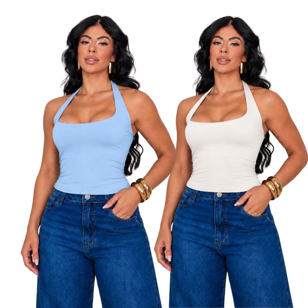 kit 2 Blusa Regata forrada Feminina Halter Efeito  Modeladora Frente Unica Casual Verão Tendencia suplex poliamida