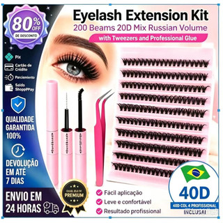 Kit Extensão de Cílios 200 Feixes40D Mix Volume Russo com Pinça e Cola Profissional