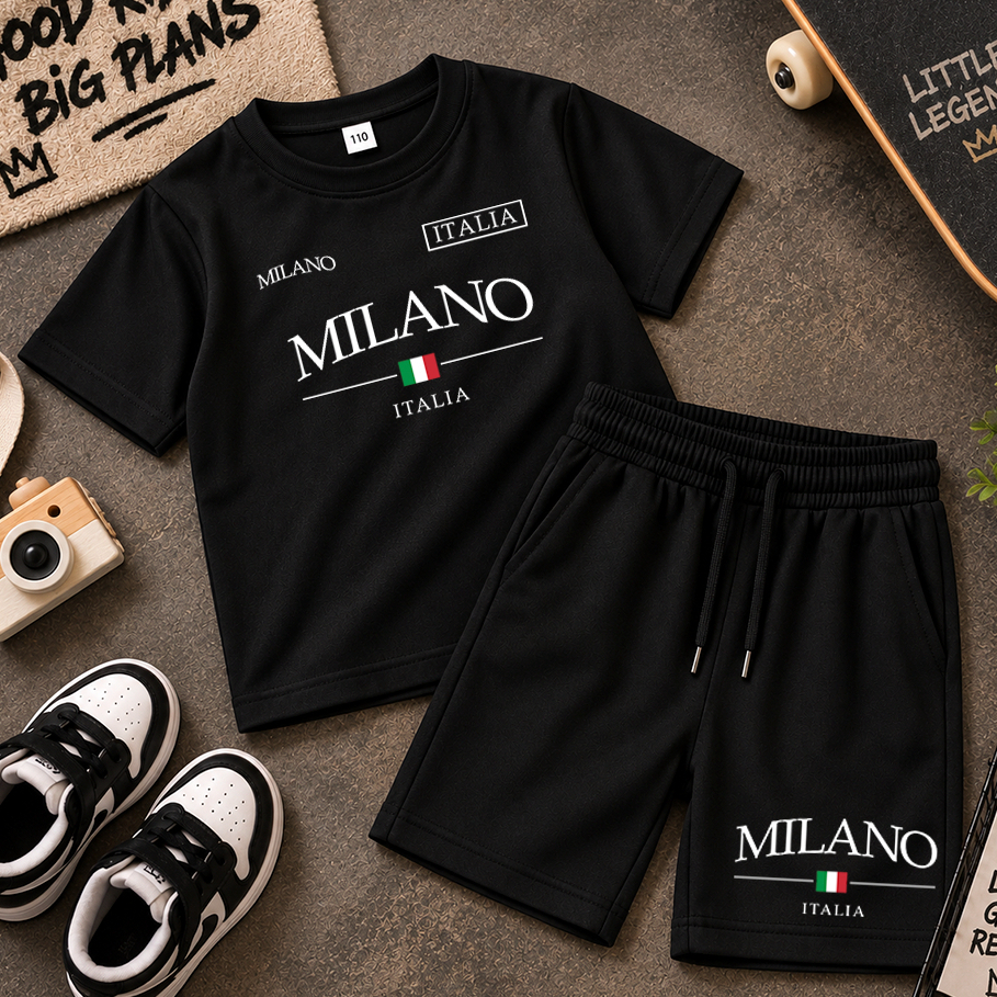 Conjunto Infantil Menino Camiseta Algodão e Bermuda Moletinho Streetwear Milano Italia Estiloso Moda Kids
