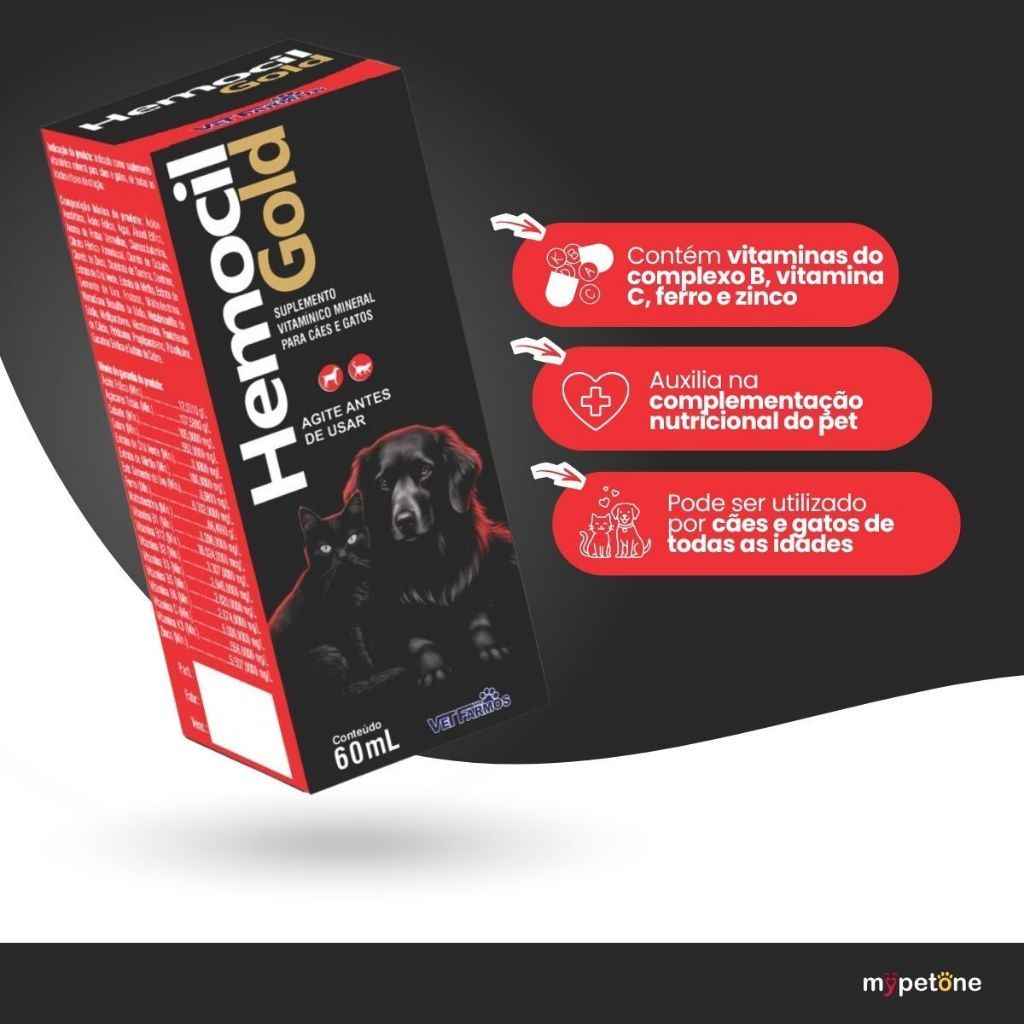 Hemocil Gold 60 mL Vet Farmo Suplemento Vitamínico Mineral Cães e Gatos — imagem 2 de 2