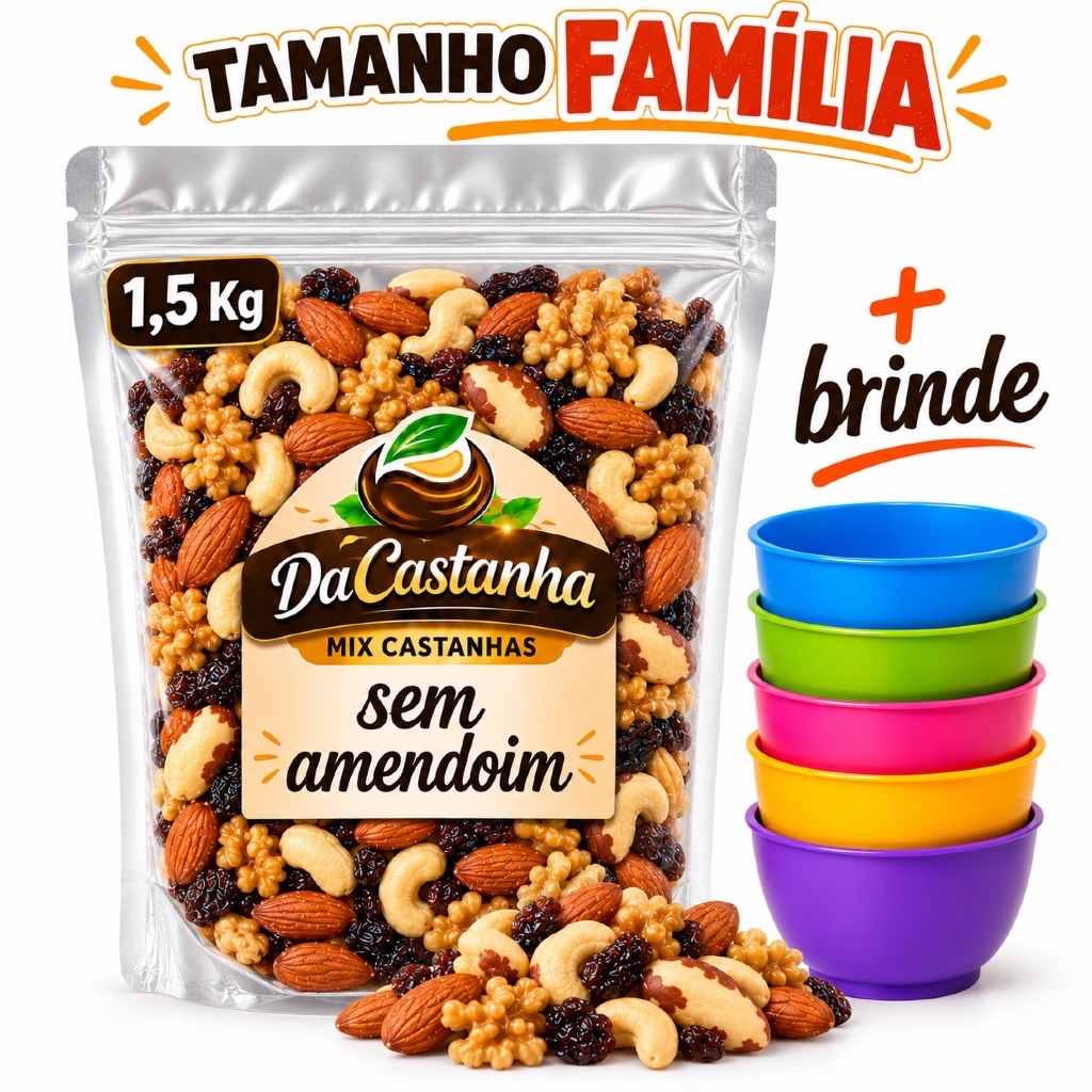 Mix Castanhas *SEM AMENDOIM* 1,5 Kg + BRINDE - Pará, Caju, Amêndoas, Nozes, Uva Passas Preta/Branca