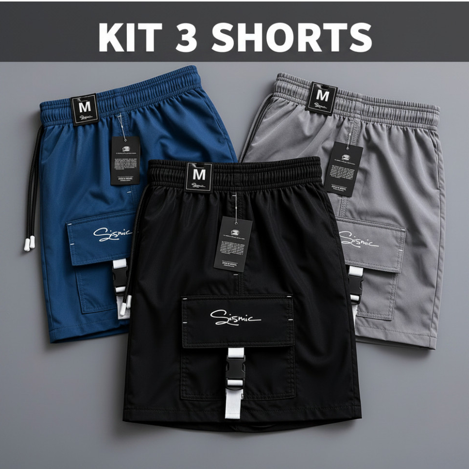 Kit 3 Shorts Bermudas Elastano Dry Fit Masculino Praia Academia Bolso Presilha