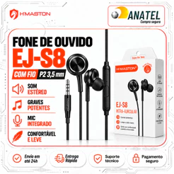 Fone De Ouvido P2 Com Microfone Preto 1,2m Som HD Stereo Gamer Extra Bass H’Maston EJ-S8