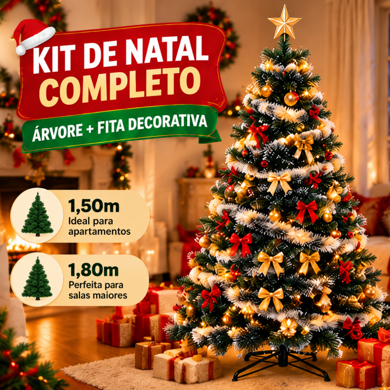 Kit Árvore de Natal com Fita Decorativa 1,50m 1,80m Árvore Verde Premium Enfeite Natalino Completo para Casa Sala Festa