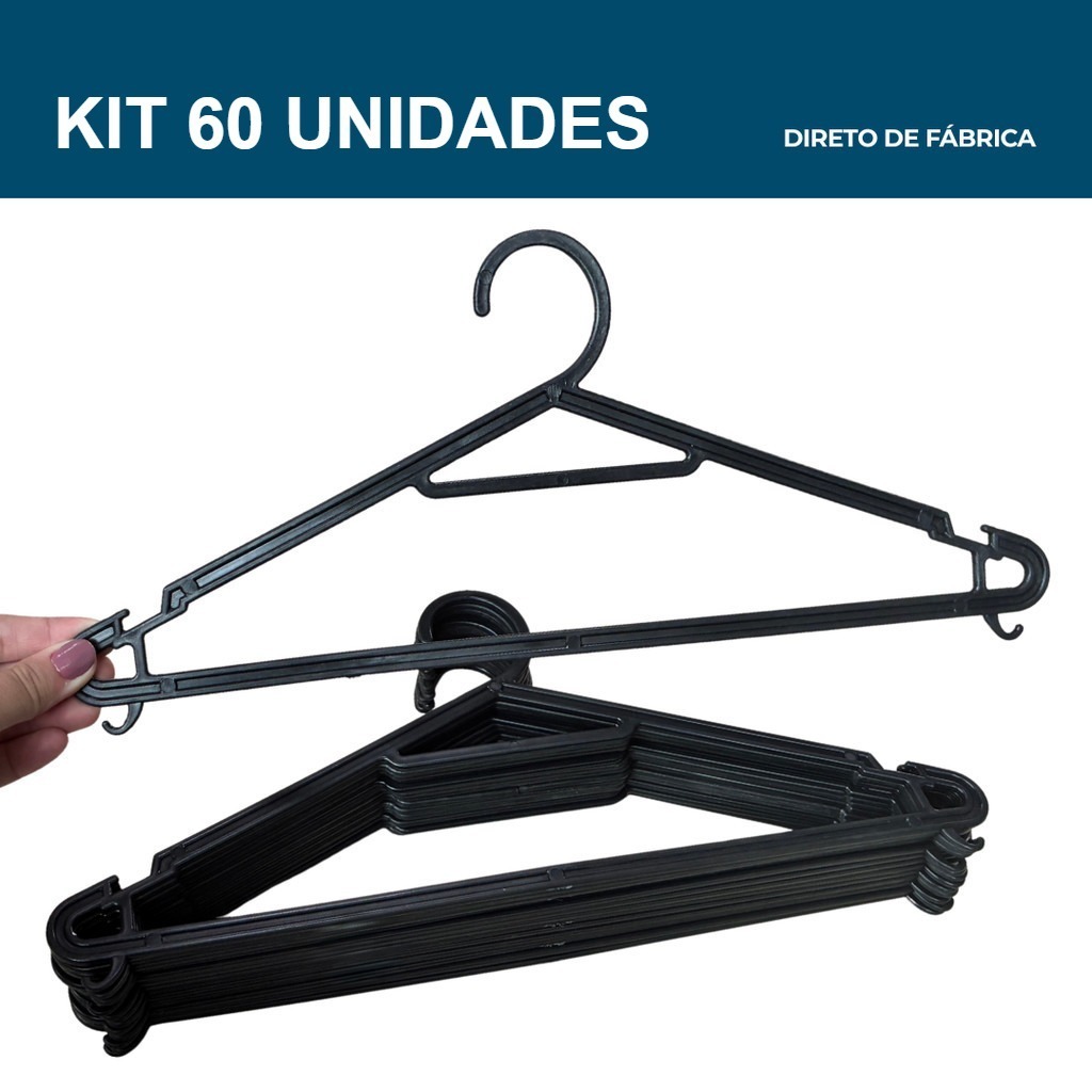 Kit 60 Cabides Adulto Preto Plástico Não Quebra Organizador de Roupas Guarda Roupa Closet Preço de Fábrica G002
