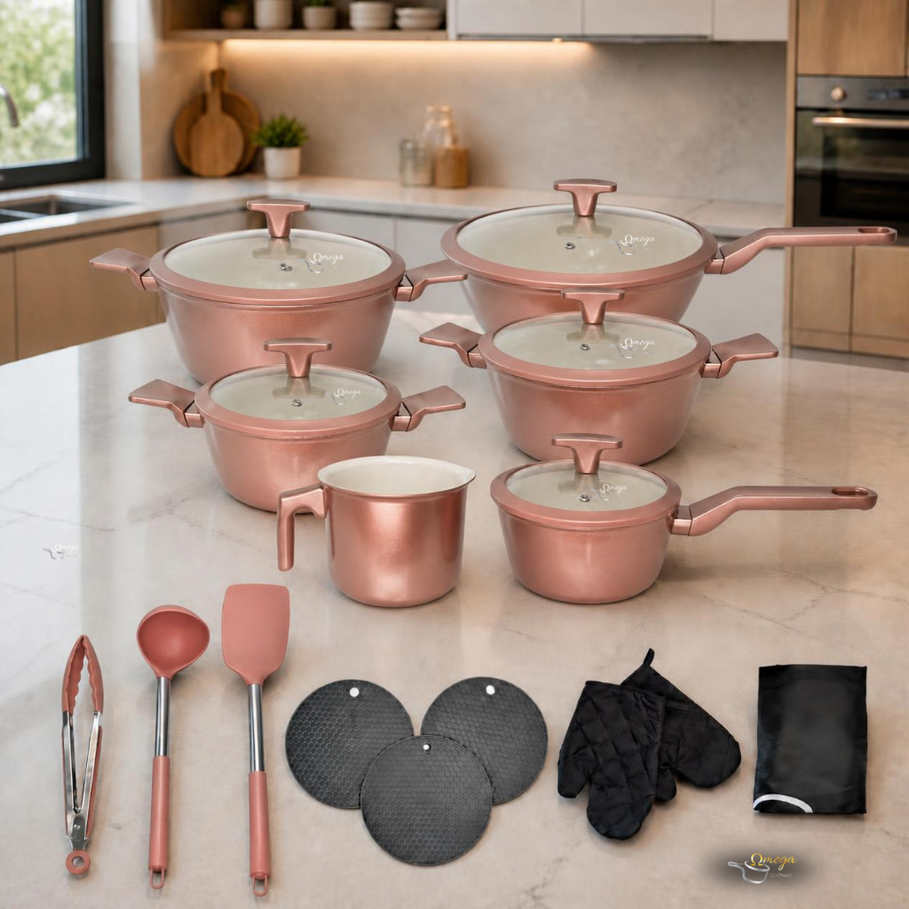 Imagem Jogo De Panela Cerâmica Premium 20 Pç Antiaderente Rose Rosa 7 Camadas Fundo Triplo Indução Tampa Vidro Temperado