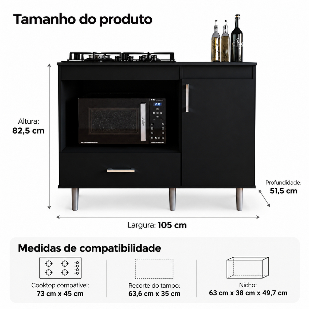 Balcão Para Cooktop 1,05m 5 Bocas 1 Nicho Com 1 Porta E Gaveta Turim Lojas Movelove · foto 2