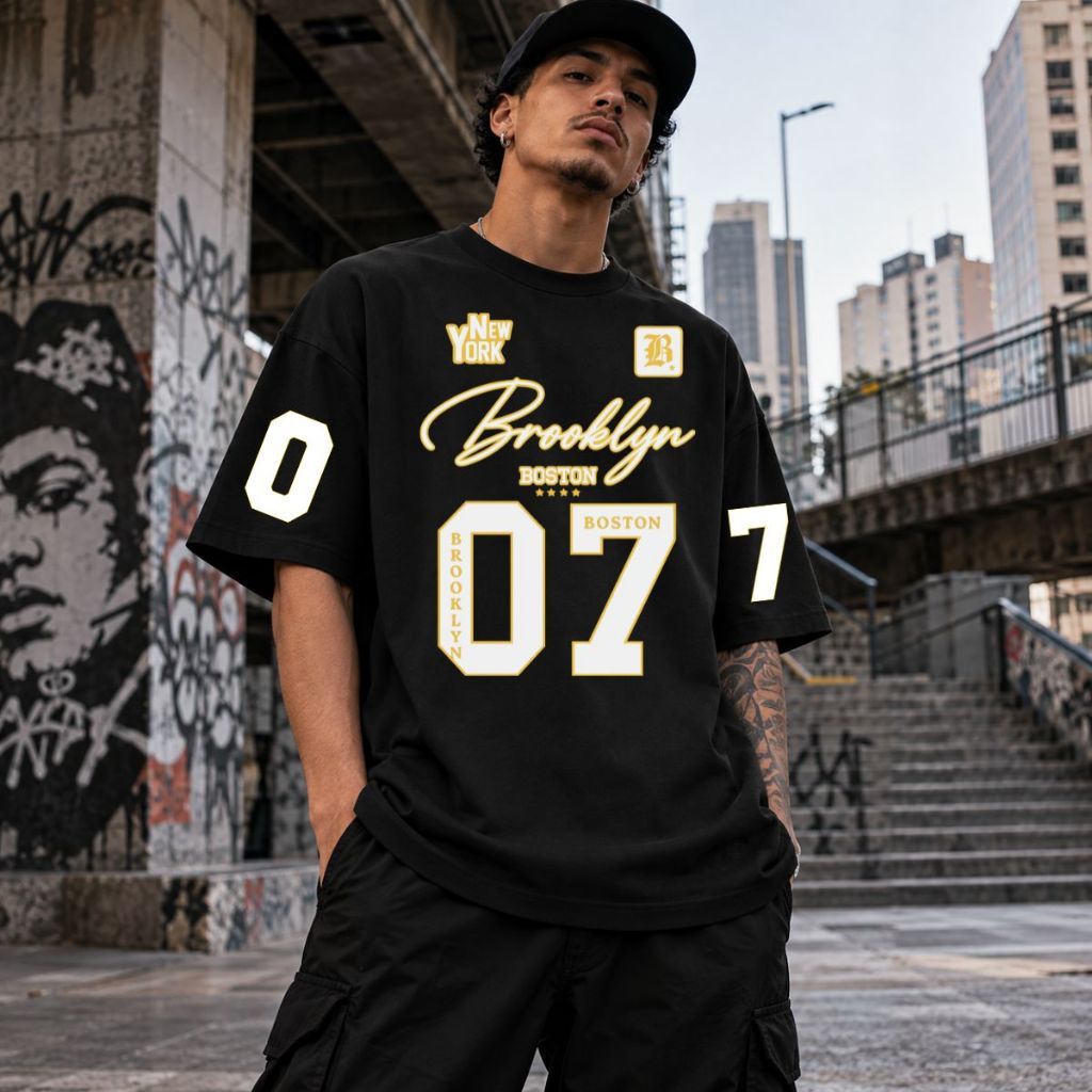 Camiseta Oversized Masculina Brooklyn 07 Streetwear College Americano Malha Grossa Envio Rápido