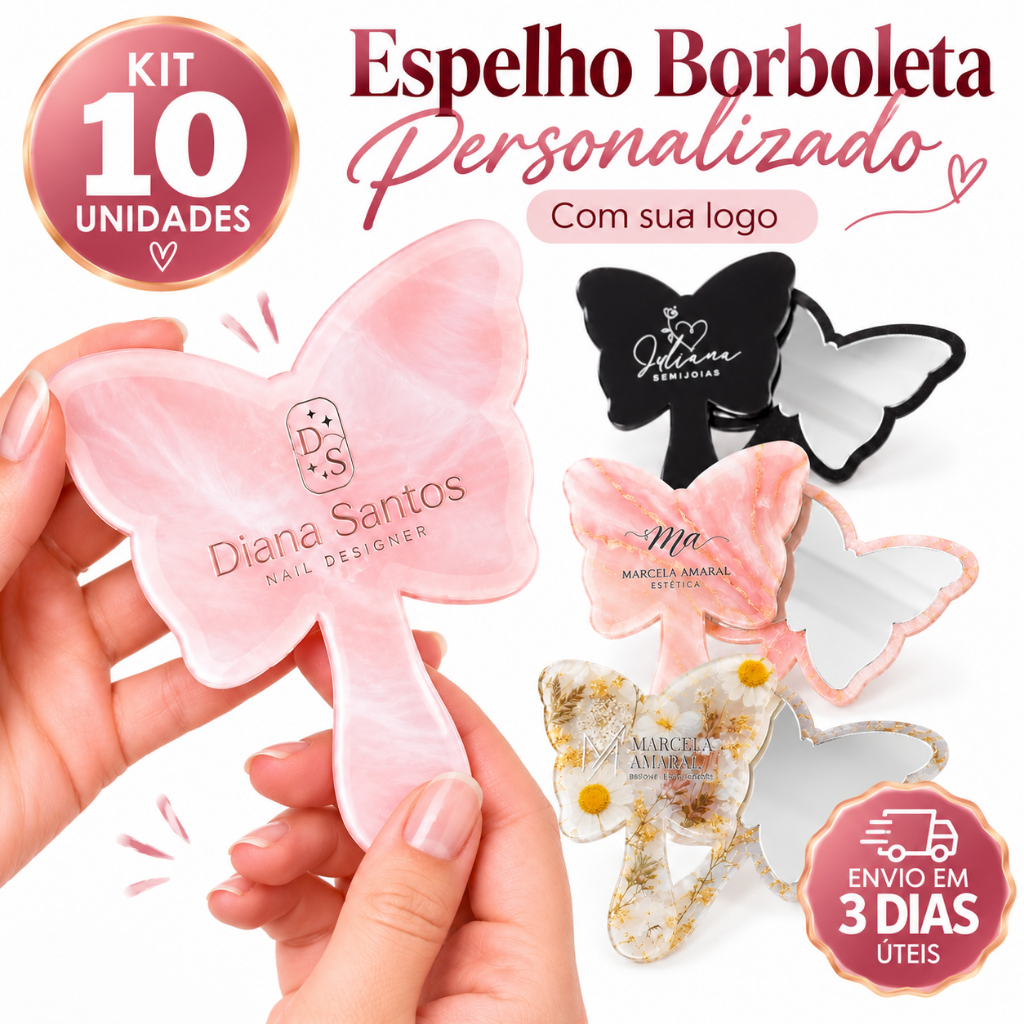 Kit 10 Mini Espelhos de Bolsa Personalizados com Logo Borboleta com Cabo Acrílico Brinde Lembrancinha Cliente