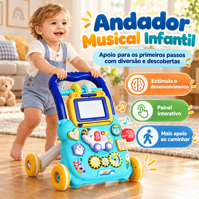 Andador Musical Infantil com Painel Interativo, Apoio para Primeiros Passos, Brinquedo Educativo e Estável