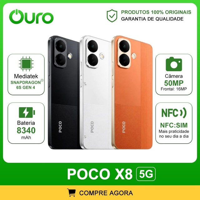 Xiaomi Poco X8 5G, 256GB e 8-12GB RAM, Versão Global, Snapdragon 6s 4 Gen, Bateria 8340 mAh, Câmera 50MP