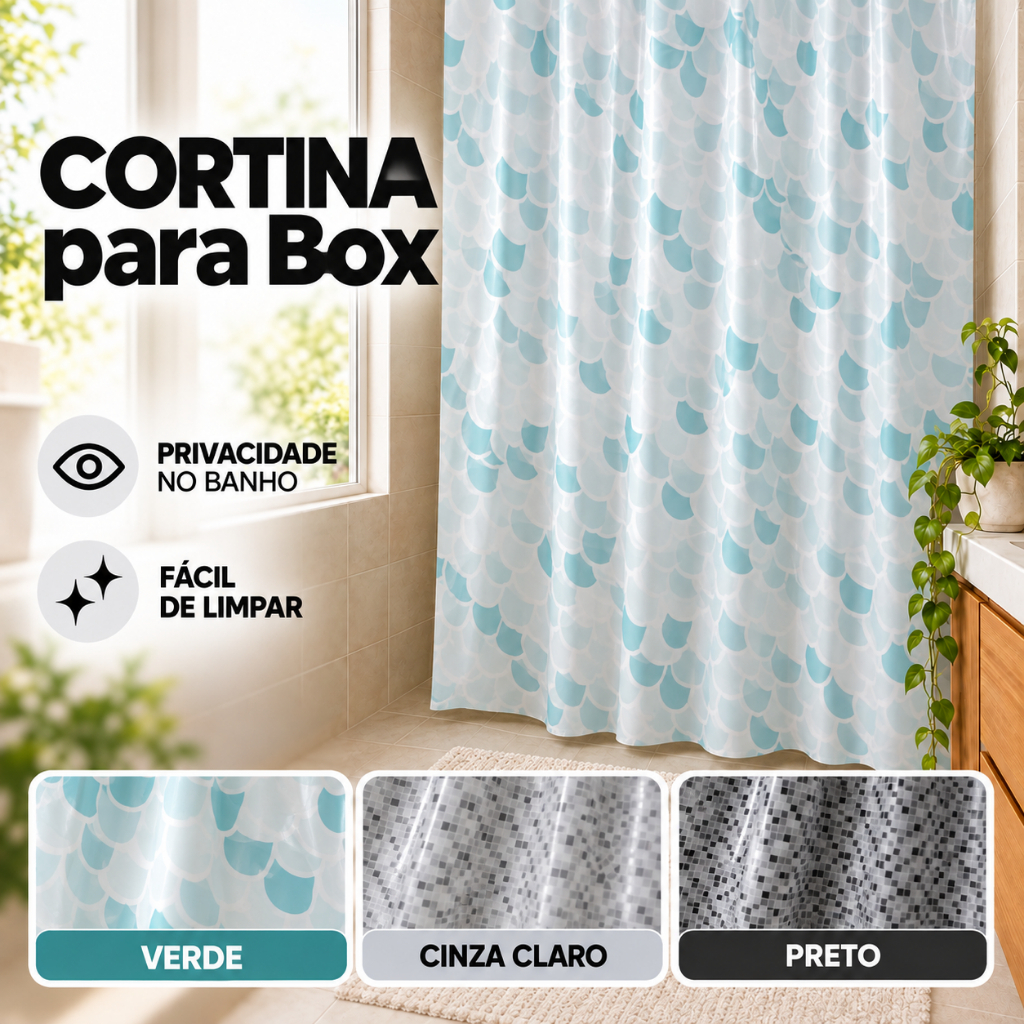 Cortina para Box Banheiro Vinil Impermeável 1,35x2m com Ganchos Lisa ou Estampada