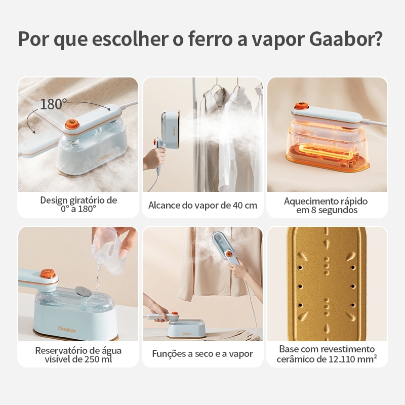 Gaabor 127V Ferro de Passar Portátil 1200W Vapor 30s Tanque 250mL Base Cerâmica Casa Viagem HM‑M03A — imagem 2 de 2