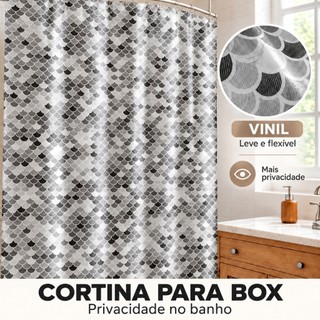 Cortina para Box Banheiro Vinil Impermeável 1,35x2m com Ganchos Lisa ou Estampada