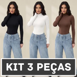 Kit 3 Blusa Feminina Cacharrel Gola Alta Suplex Segunda Pele Térmica Manga Longa até o GG