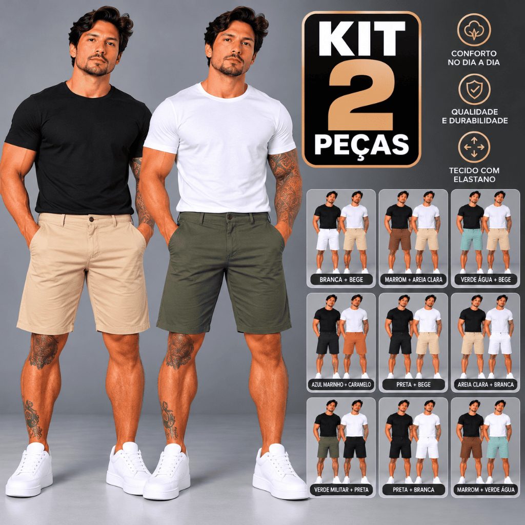 Kit 2 Bermudas Masculinas Sarja com Elastano Premium Confortável Moda Verão Casual Dia a Dia Natal Ano Novo