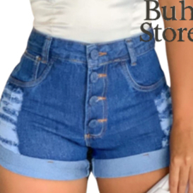 Short Jeans Feminino Soft Bermuda Cintura Alta Barra Dobrada Empina Bumbum, Buh Store
