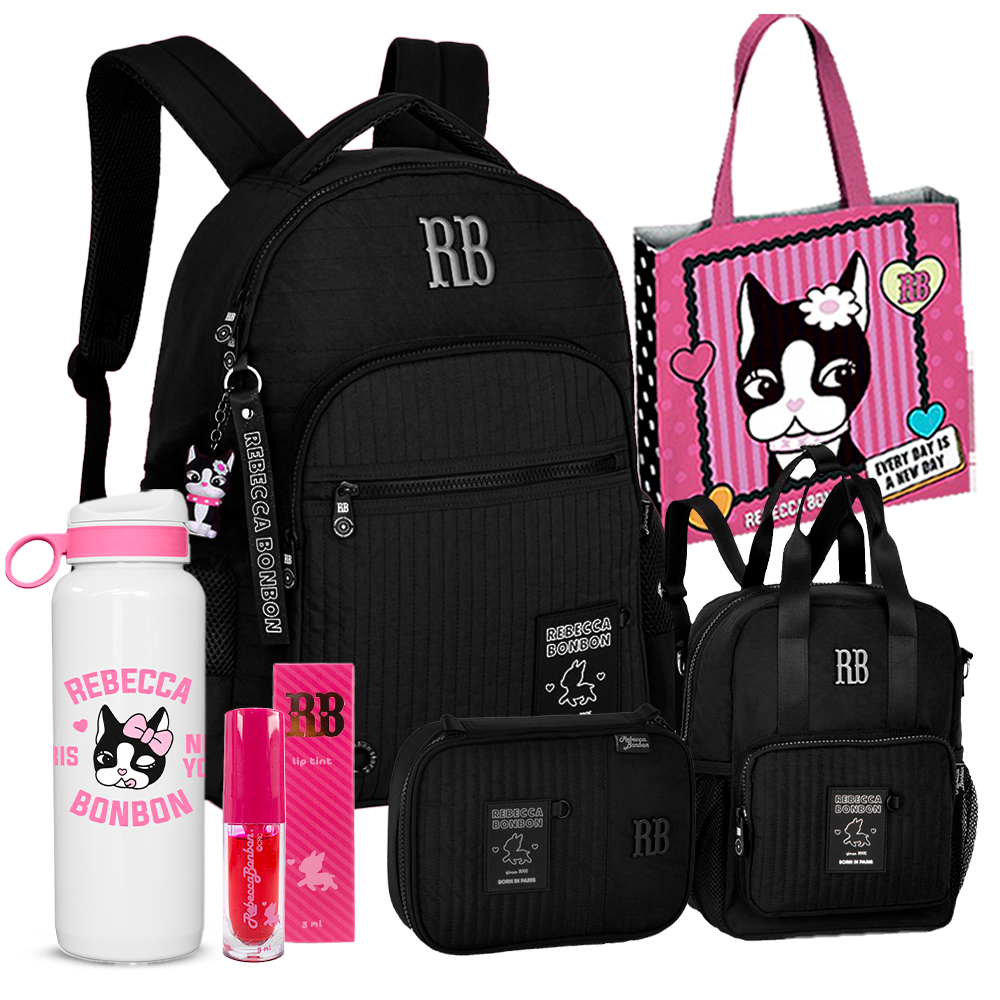 Kit Mochila Rebecca Bonbon RB Metalizado Poliéster Soft Chaveiro Costas Lancheira Térmica Alça